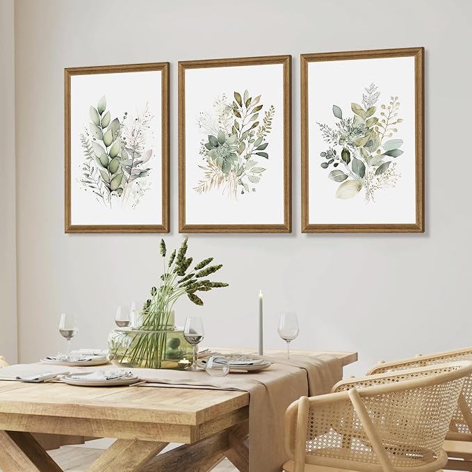 WRFON Framed Sage Green Botanical Wall Art Set of 3, Watercolor Eucalyptus & Wild Plant Canvas Prints, Minimalist Green Wall Decor for Living Room Bedroom Bathroom, 20x30 Inches