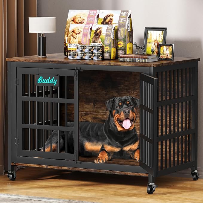 EasyCom 46"/42"/33" XXL Heavy Duty Dog Crate Furniture with Casters | Dog Kennel Indoor with Name Tag, Escape-Proof and Chew-Proof Dog Cage for Large High Anxiety Dog, as End Table