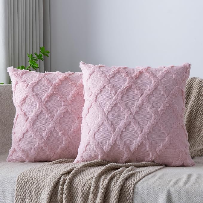 Set of 2 Soft Moroccan Throw Pillow Covers 16x16 Inch Plush Boho Decorative Pillow Cover Accent Cushion Case for Couch Sofa Bed, Light Pink