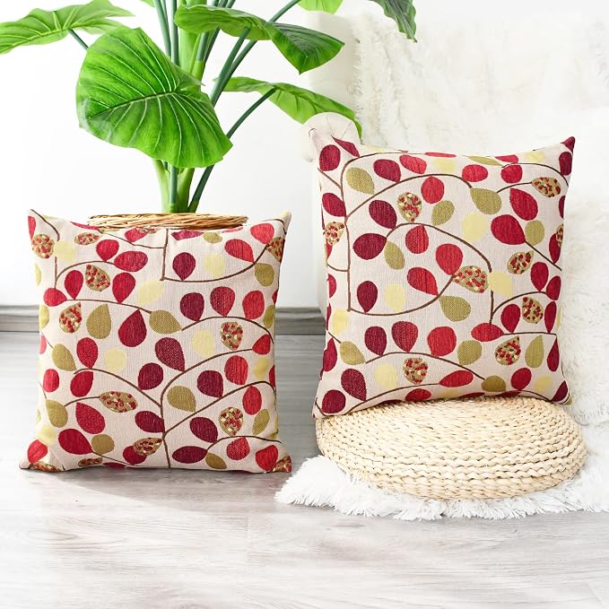 CaliTime Fall Decorative Throw Pillow Covers 16 X 16 Inches Ecru Red | Luxury Chenille Cute Leaves Cushion Case Shell for Couch Sofa Bed Living Room Home