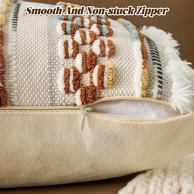 Chenille Striped Tufted Textured Boho Throw Pillow Covers Aesthetic with Tassels Woven Decorative Pillow Case for Couch Bed Sofa Bedroom Modern Funky 18 x 18-Inch Brown White