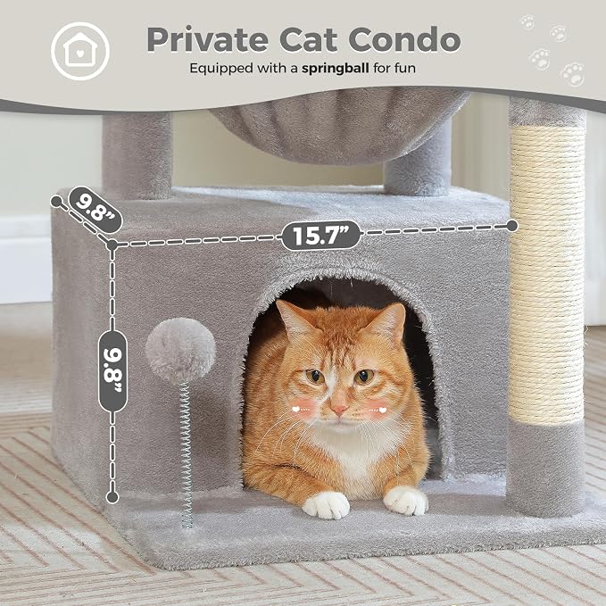 PEQULTI 4-in-1 Cat Activity Tree for Kittens & Small Cats, 33in Grey Tower | Compact 33in cat tower: deep hammock, cozy condo, top perch, sisal post; removable washable cover; wide base for small cats