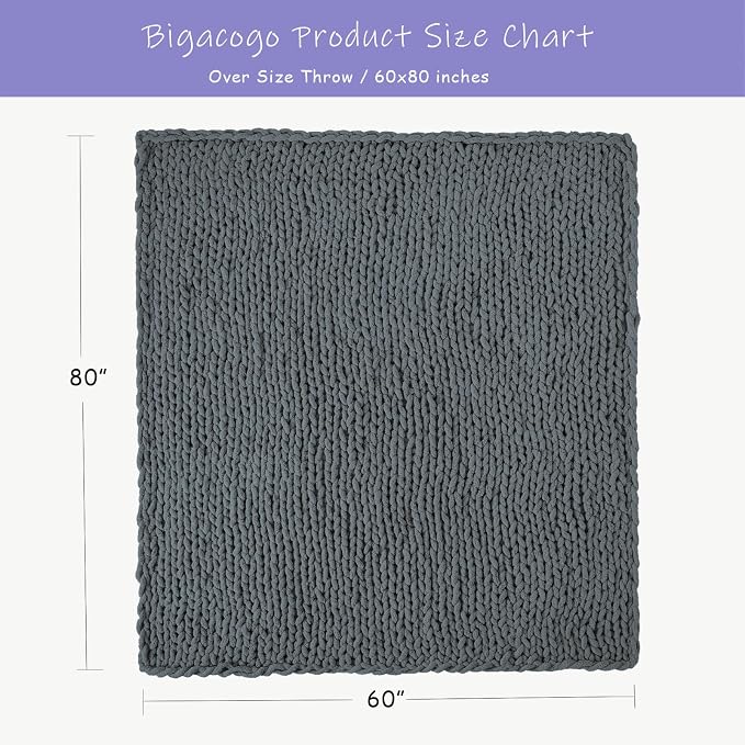 Bigacogo Chunky Knit Throw Blanket for Couch, 60x80 inches, Iron Gray | Hand Knit with Jumbo Chenille, Soft Breathable Cable Knit for Sofa Bed Living Room, Machine Washable, Gift for Mom Friend