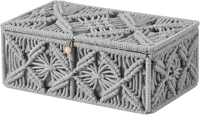 Decorative Boho Storage Baskets with Lid Natural Macrame Boxes | Handmade Cotton Rope Woven Bins, Shelf Desk Organizer Container for Jewelry Memory Keepsake Photo Makeup, Gray, Small