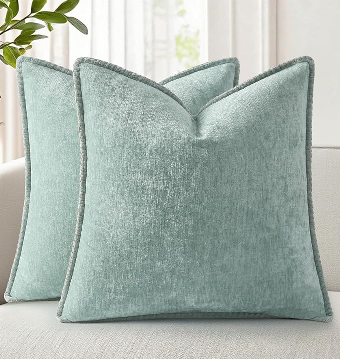 decorUhome Soft Chenille Throw Pillow Covers 16x16 Set of 2 Aqua Haze | Fall Textured Decorative Throw Pillow Cases Stitched Edge Modern Farmhouse Luxury Boho Velvet for Couch Sofa Bed Home Decor