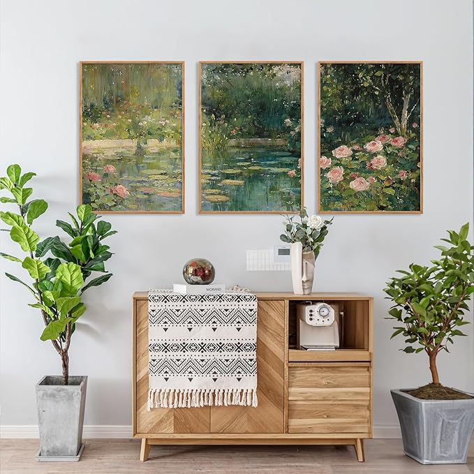 FWIEXA Monet Floral Framed Canvas Wall Art Set, Impressionist Botanical Garden Wall Decor, Vintage Ponds Tree Plant Artwork, Nature Landscape Prints for Living Room, Bedroom - Size 24"x36"x3