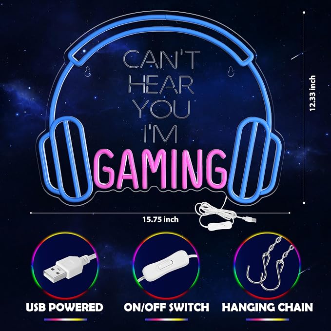 Kavaas Gaming Neon Sign, Can't Hear You I'm Gaming Headset LED Sign for Game Room Wall Decor - Headphone Neon Light Signs - Best Gamer Gifts for Teen Boys, Kids
