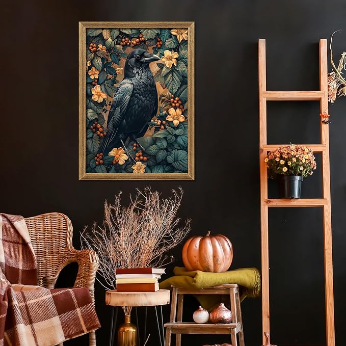ICHZUMW Framed William Morris Raven Dark Academia Canvas Wall Art 16x24 In | Gothic Dark Cottagecore Crow Painting, Moody Floral Wall Decor for Bedroom Living Room Bathroom Office, Ready to Hang