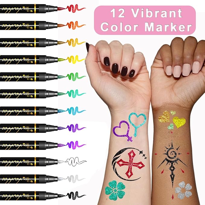 Temporary Tattoo Markers for Skin, 12 Metallic Body Markers for Temporary Tattoo Stencils for Kids Adults, Flexible Brush Tip, Bright Colors, Cosmetic Tattoos Pens for Kids Adults, DIY Body Art Set