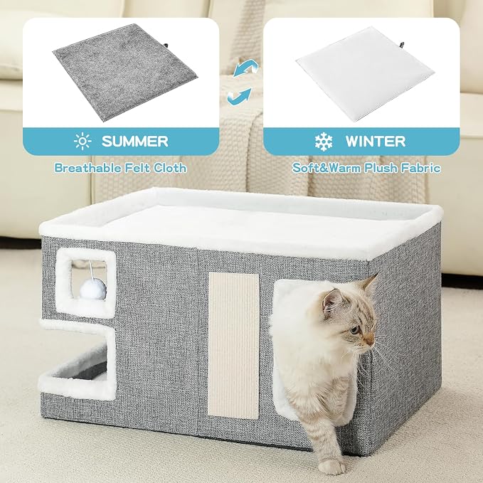 Large Cat Houses for Indoor Cats, Extra Wide Cat Cave Bed with Scratch Pad and Fluffy Ball, Foldable Cat Hideaway Condo for Large Cats, Modern Kitten Bed,23x16x13 inches (Grey, X-Large)