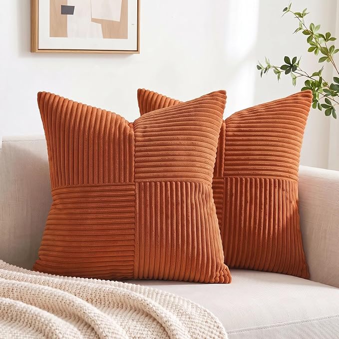 Fancy Homi Burnt Orange Decorative Throw Pillow Covers 24x24 Inch for Living Room Couch Bed, Boho Farmhouse Fall Home Decor, Soft Corss Corduroy Patchwork Textured Cushion Case 60x60 cm
