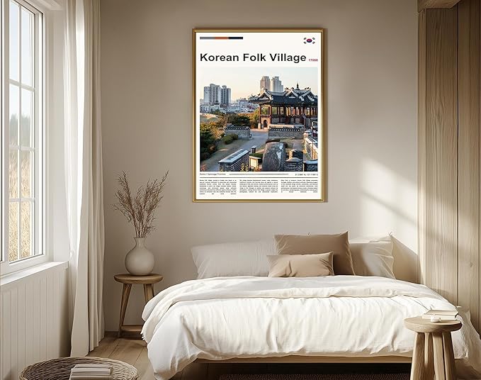 Poster Korean Folk Village Wall Art Original Design(17"x11" Golden Frame) Joseon Dynasty Architecture Print South Korea Travel Landmark Gyeonggi Cultural Heritage Ancient Palace Zen Scenery Picture