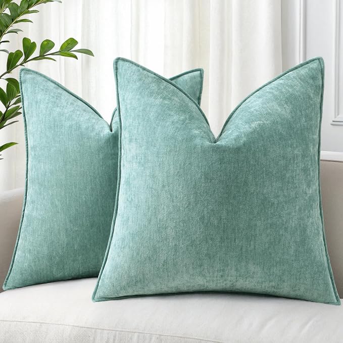 decorUhome Chenille Aqua Haze Velvet Throw Pillow Covers 22x22 Set of 2 | Fall Soft Euro Sham Couch Decorative Modern Farmhouse Pillow Cases with Elegant Design for Sofa Bed Living Room Home Decor