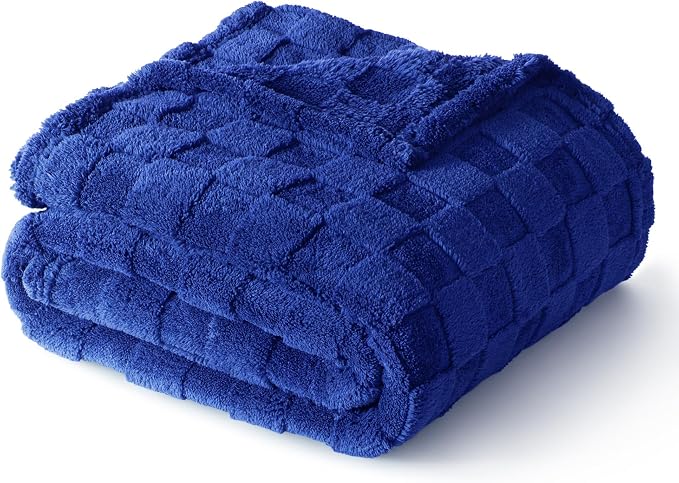 Exclusivo Mezcla 3D Checkered Fleece Throw Blanket for Couch, Cobalt Blue | Super Soft and Cozy Fluffy Throw, Lightweight and Breathable, Cute Fuzzy Blanket for Sofa, Home Decor, All Season, 50"x60"