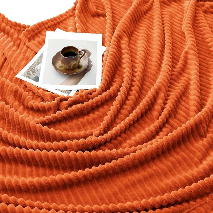 Vessia Flannel Fleece Twin Size Blanket for Bed,Couch,Sofa(60x80inch), 300GSM Microfiber Burnt Orange Striped Bed Blanket for Adults, Super Soft Warm Cozy Lightweight Ribbed Decor for All-Season