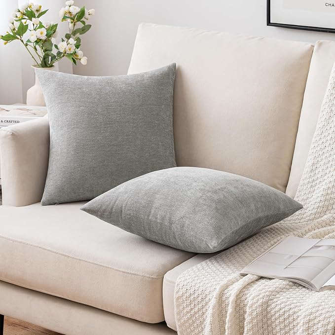 MIULEE Pack of 2 Light Grey Decorative Pillow Covers 18x18 Inch | Soft Chenille Couch Throw Pillows Farmhouse Cushion Covers for Home Decor Sofa Bedroom Living Room