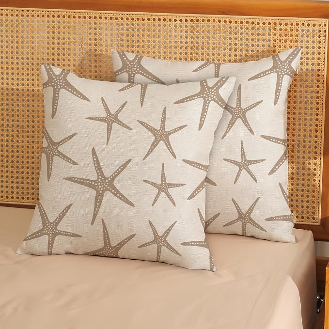Brown Tan Starfish Pillow Covers 18x18 Inch Set of 2 Coastal Throw Pillows Spring Summer Nautical Ocean Theme Beach Decorative Pillow Cases Linen Outdoor Decor Cushion Case for Home Bedroom