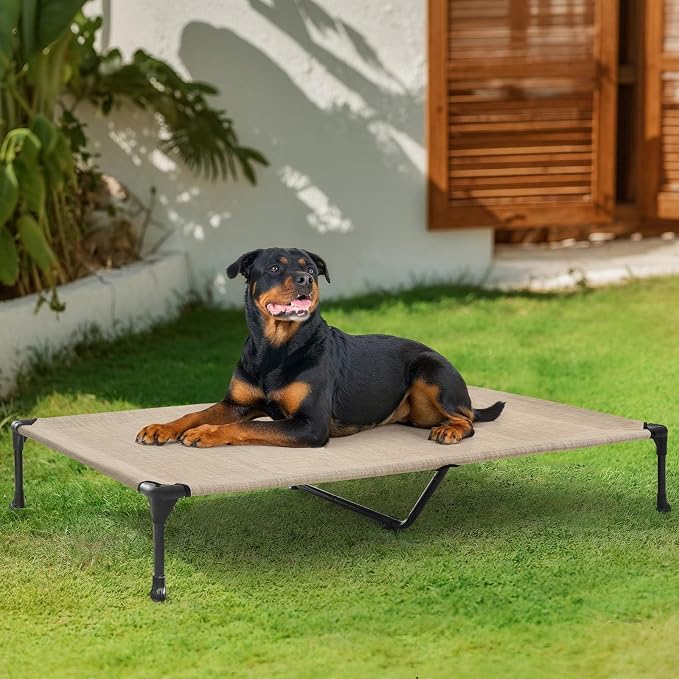 Veehoo Outdoor Elevated Dog Bed Large Sized Dogs, Cooling Raised Dog Cots | Off-ground training platform, portable camping hammock, breathable mesh, easy to clean, no-tool setup, 53"x37", Beige Coffee