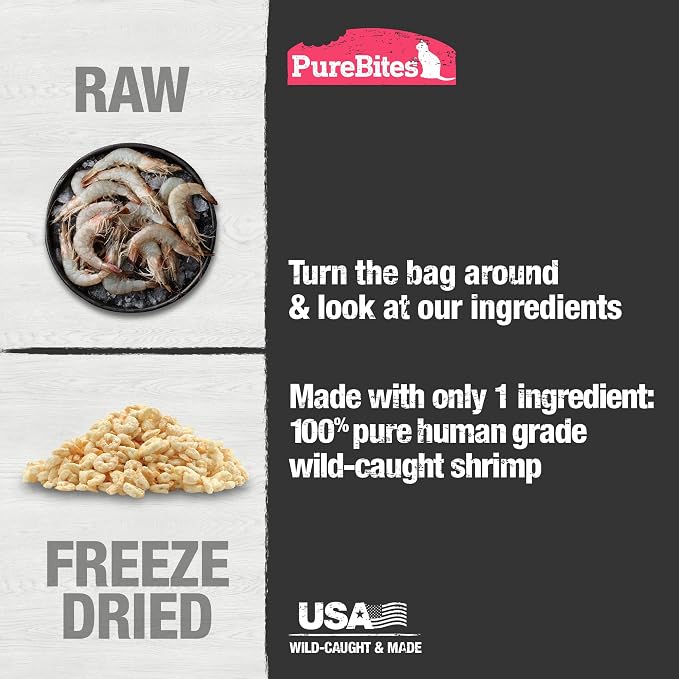 PureBites Shrimp Single Ingredient Freeze Dried Cat Treats, 0.8 oz | 100% Shrimp, Freeze Dried Raw in USA, High-Value Training Reward, No Fillers, ~125 Treats/Bag