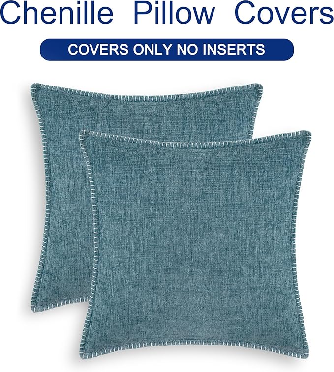 CaliTime Decorative Couch Throw Pillow Covers 18 X 18 Inches Smoke Blue | Pack of 2, Cozy Chenille Cushion Cases, Cotton Thread Stitching Edges, for Sofa Bed Living Room Farmhouse