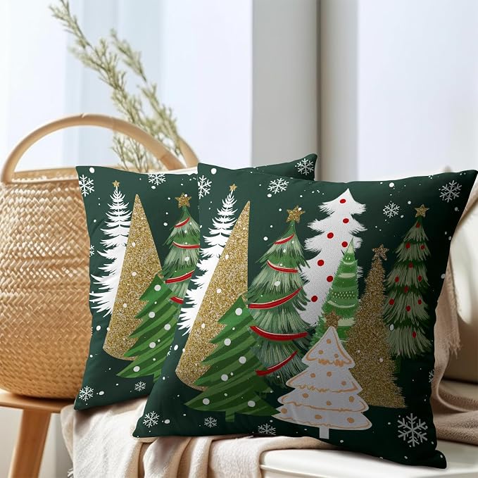 Kawani Christmas Tree Throw Pillow Covers 16x16 Inches Pack of 2 Gold Green Xmas TreesCotton Linen Square Pillow Couch Sofa Cushion Case with Hidden Zipper for Winter Holiday Home Decor