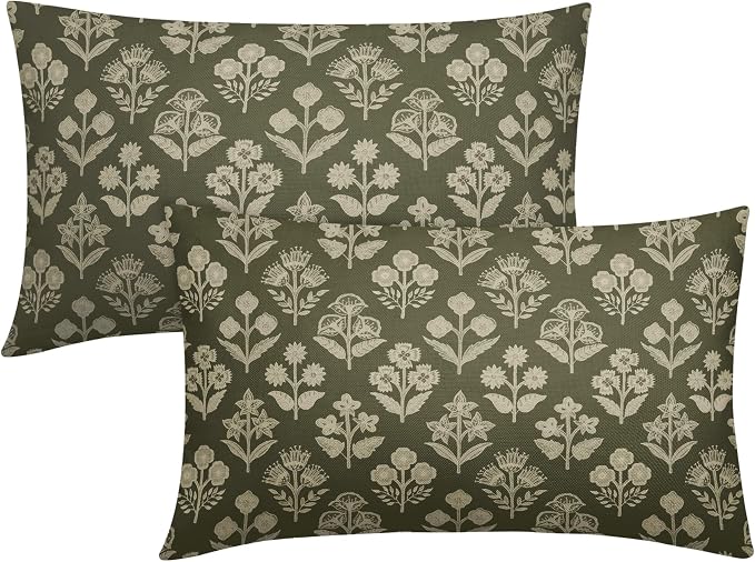 Olive Green Pillow Covers 12x20 Inch Set of 2, Cream Floral Block Print Pattern Lumbar Decorative Throw Pillowcases Outdoor Farmhouse Rectangle Cushion Covers Spring Summer Sofa Couch Bed Decor