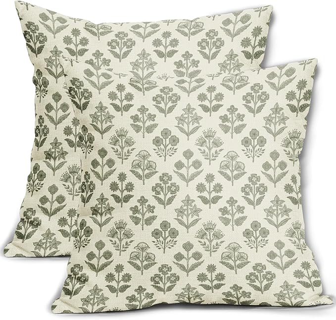 Sage Green Floral Pillow Covers 22x22 Inch Set of 2, Vintage Flower Block Print Pattern Decorative Throw Pillowcases Outdoor Farmhouse Cushion Covers Spring Summer Rustic Sofa Couch Bed Decor