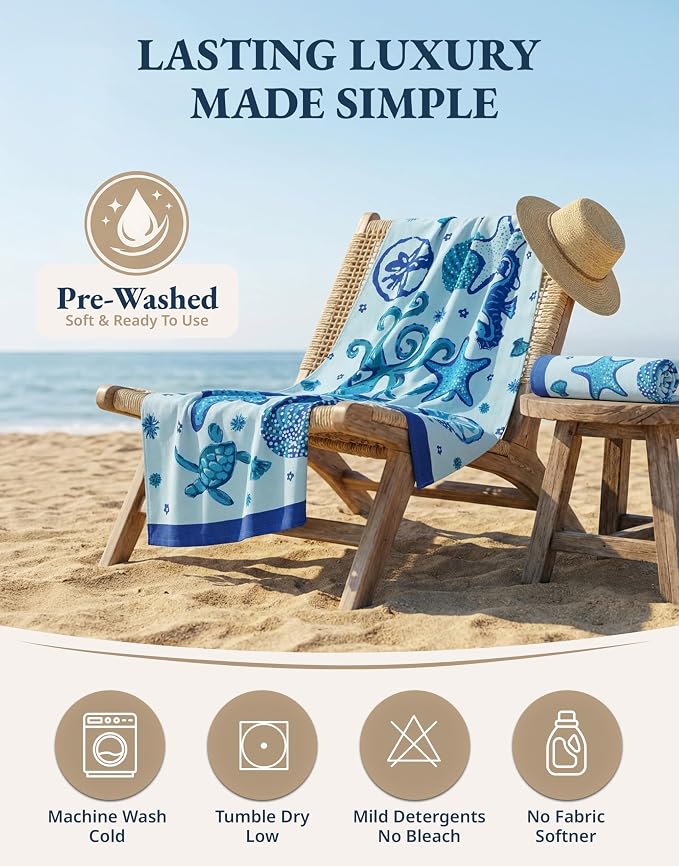 LANE LINEN Beach Towels for Women, 2 Pack Oversized, Pre-Washed, No-Shrink, Sand-Free, Quick Dry, Lightweight Travel Beach Towels for Pool & Shore, Soft and Absorbent – 39"x71", Sky Blue