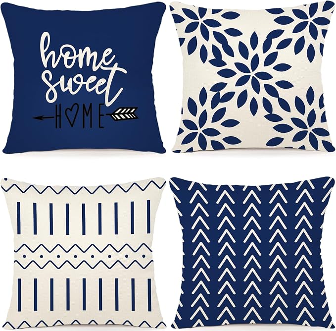 YCOLL Pillow Covers 22x22 Set of 4, Modern Sofa Throw Pillow Cover, Decorative Outdoor Linen Fabric Pillow Case for Chair Sofa Couch Bed Car, Dark Blue