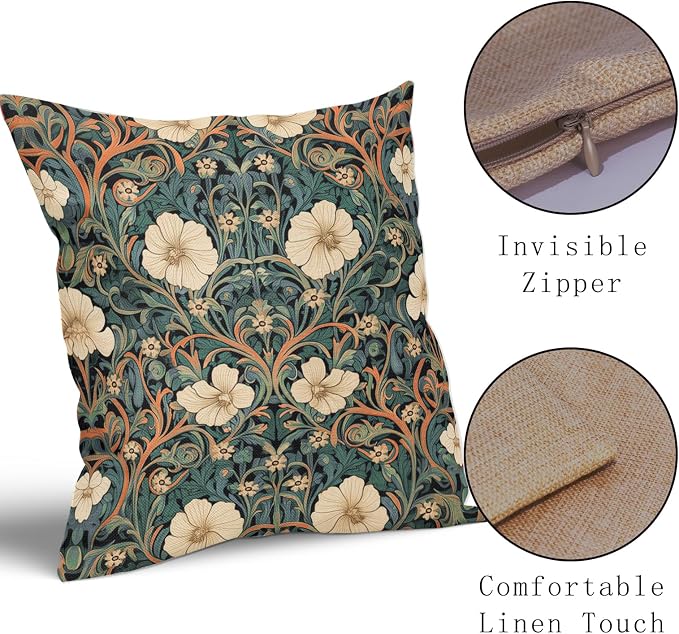 Vintage Floral Lumbar Pillow Covers 16x16 Inch Orange Whtie Green Toile Flowers Pillow Cases Chinoiserie Aesthetic Tapestry Linen Cushion Case Farmhouse Home Decor For Sofa Couch Porch Outdoor Set 2