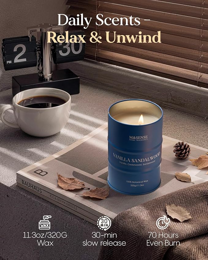 M&SENSE Vanilla Sandalwood Scented Candles,Fall Candles Natural Non Toxic, Soy Candle for Stress Relief Meditation Relaxing, Housewarming Gifts for Women Men, 11.3oz 70 Hour Long Burning