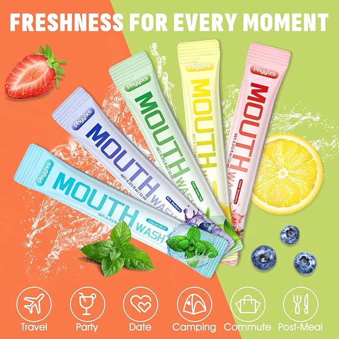Phyyixs Mouthwash Strips 120 Pack, Individually Wrapped Travel Size Oral Rinse, Alcohol-Free & Fluoride-Free, Portable Fresh Breath Strips (5 Flavors)