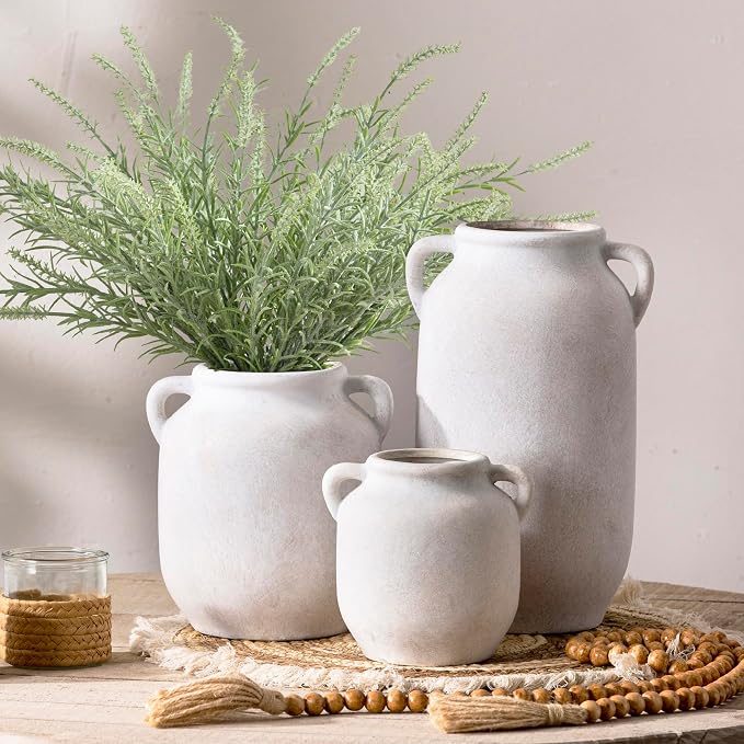 Vanselia Ceramic Flower Vase Home Table Decor Living Room Farmhouse 7.6 in | Small White Rustic Decorative Flowers Vases Plant Modern Decoration for Kitchen Shelf Coffee Dining Centerpieces Desk