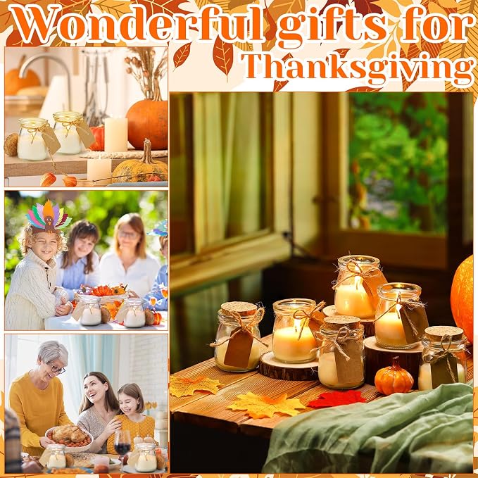 MTLEE 24 Pcs Fall Jar Candles Holiday Candle Gifts Natural Wax Jar with DIY Tag Cards Gift for Halloween Thanksgiving Party Favor Home Supply Decor, Scents of Pumpkin Cake/Apple/Syrup/Ginger Pumpkin