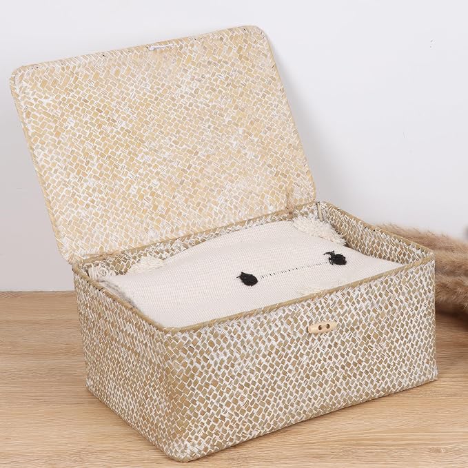 FEIALNDUO Wicker Shelf Baskets with Lid,Seagrass Storage Basket Bins Rectangular Handwoven Basket Boxes for Shelves Desktop Home Organizer (Whitewash, Large)
