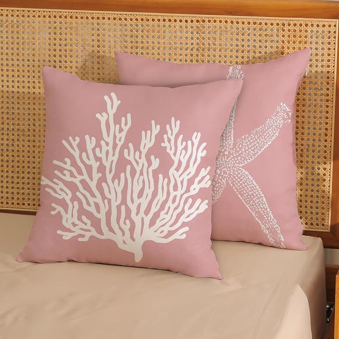 Coastal Pillow Covers 18x18 Inch Set of 2, Pink Coral Starfish Throw Pillows Nautical Ocean Decorations Beach Pillowcase Outdoor Decor Linen Farmhouse Cushion Case for Home Sofa Living Room