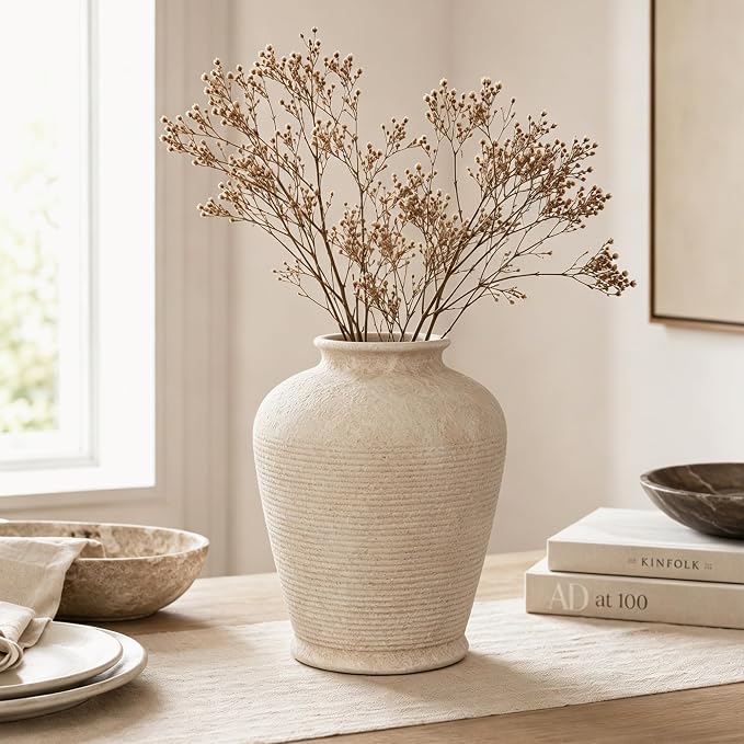 8.3" Beige Ceramic Vase, Small Vase with Rustic Bottle Shape | Vintage ceramic vase in light beige; small decorative vase for fresh flowers, dried stems, pampas grass, shelves and tables