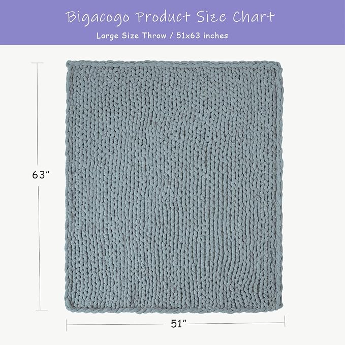 Bigacogo Chunky Knit Throw Blanket for Couch, 51x63 inches, Dusty Blue | Hand Knit with Jumbo Chenille, Soft Breathable Cable Knit for Sofa Bed Living Room, Machine Washable, Gift for Mom Friend