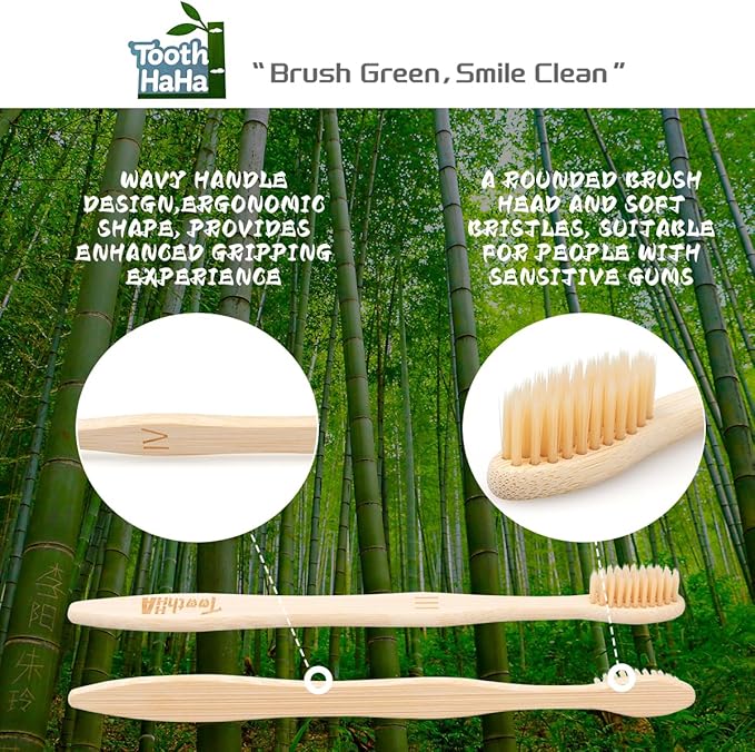 Tooth HaHa Bamboo Toothbrushes for Adults, BPA-Free Soft Tapered Bristles, Eco-Friendly Natural Organic Wooden Toothbrush, 10-Count Toothbrushes Travel Set