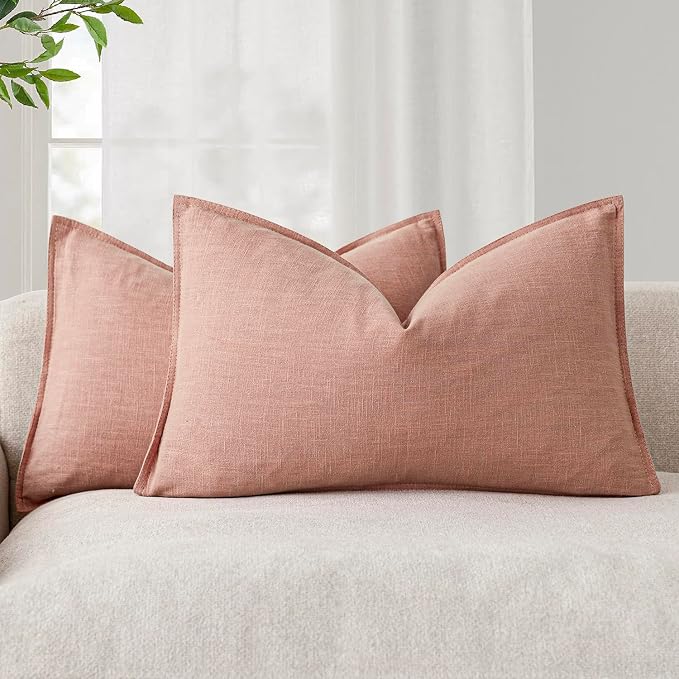 Foindtower Pack of 2, Decorative Linen Solid Throw Pillow Covers Accent Lumbar Cushion Case Boho Farmhouse Pillowcase for Chair Couch Sofa Bedroom Living Room Home Decor 12 x 20 Inch Coral Pink