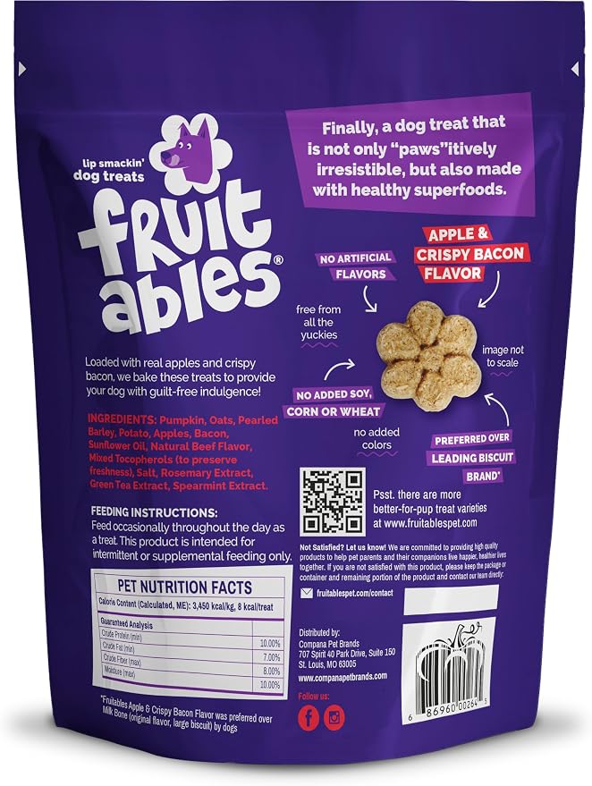 Fruitables Baked Dog Treats, Low Calorie Treats, Apple & Bacon Flavor, 20oz | Healthy Dog Treats, Training Treats, Crunchy Dog Biscuits, Limited Ingredient Recipe, Healthy Puppy Snacks, Made in USA
