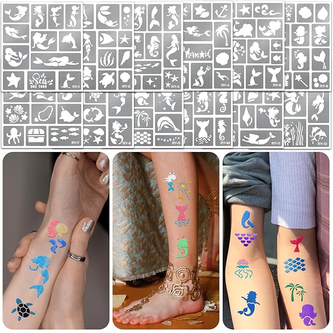 Yazhiji 167PCS Mermaid Temporary Tattoo Stencils, Face and Body Paint Stencils, Girl Boy Glitter Tattoos Pack for Kids School Show Birthdays Mermaid Christmas Party Favor Supplies