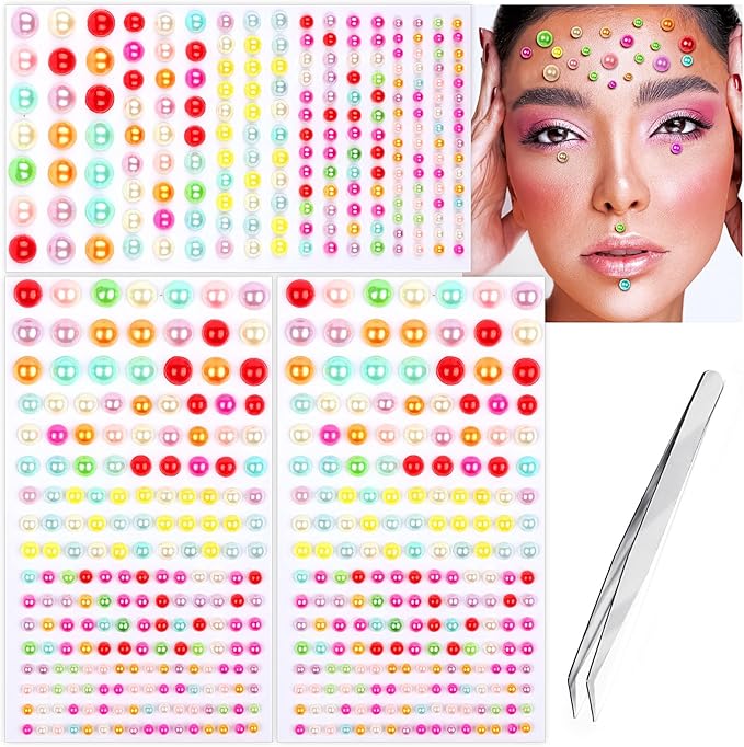 591pcs Face Gems Hair Gems Pearls, Self-Adhesive Face Jewels Eye Rhinestones 3/4/5/6/8 mm Face Gem Stick on, Halloween Makeup Gems Rave Accessories for Face Eyes Body Makeup (02.Color Pearl)