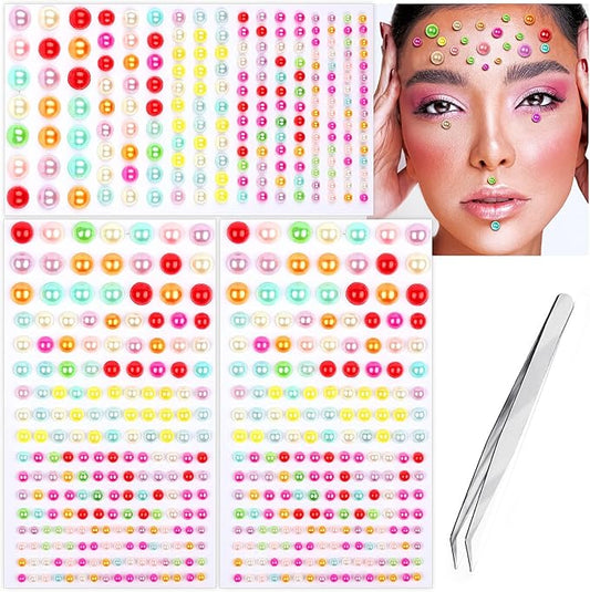 591pcs Face Gems Hair Gems Pearls, Self-Adhesive Face Jewels Eye Rhinestones 3/4/5/6/8 mm Face Gem Stick on, Halloween Makeup Gems Rave Accessories for Face Eyes Body Makeup (02.Color Pearl)