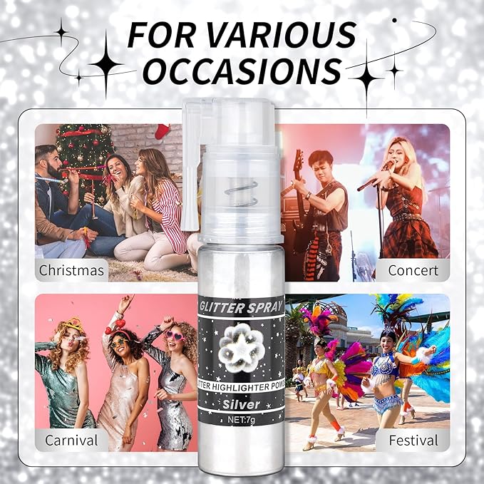 Silver Body Glitter Spray, Shiny Glitter Spray for Hair Body and Clothes, Long-Lasting Sparkle, Holographic Ultra Fine Shimmer Powder Glitter Hairspray for Rave Prom Makeup Halloween Crafts