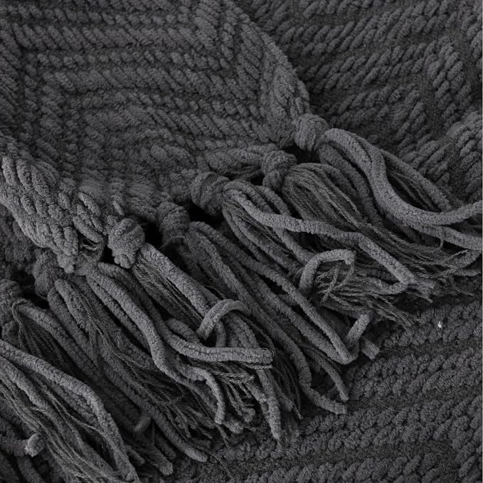 BATTILO HOME Dark Grey Throw Blanket for Couch, 50"x60" | Knit Charcoal Throw Blanket Versatile for Chair, Super Soft Warm Grey Blanket with Tassels for Bed, Sofa and Living Room