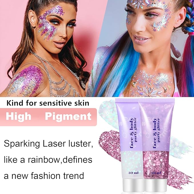 Go Ho Rose Purple Face Body Glitter Gel,Mardi Gras Purple Face Paint Makeup,Holographic Chunky Sequins Glitters for Eye Lip Hair Nails,Festival Rave Accessories,52g