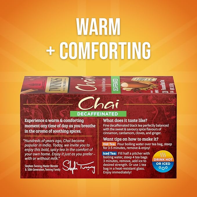 Twinings Decaffeinated Chai Individually Wrapped Bags, 20 Count (Pack of 1), Sweet, Savoury Spices, Enjoy Hot or Iced, 20 Teabags
