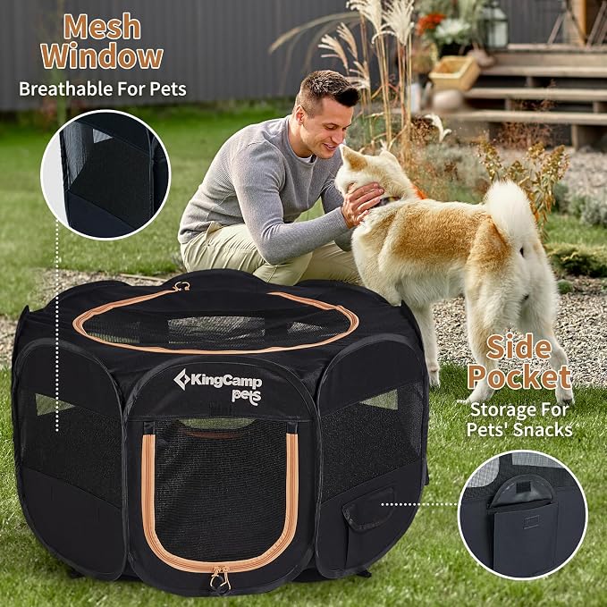 KingCamp Dog Playpen, Portable Foldable Cat Kitten Puppy Tent Crates 29"/36"/50" Pop Up Pet Playpen with Zippered Bottom & Cover for Indoor Outdoor Use (Medium, Black)