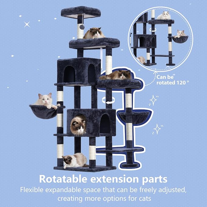 Hey-brother Cat Tree Tower with Stable Extended Base, 3 Platforms, MPJ038G | 70.9 Inches Multi-Level Sisal Scratching Posts, Wide Bed, 2 Cozy Condos, 2 Hammocks, Toy Balls for Indoor Cats, Smoky Gray
